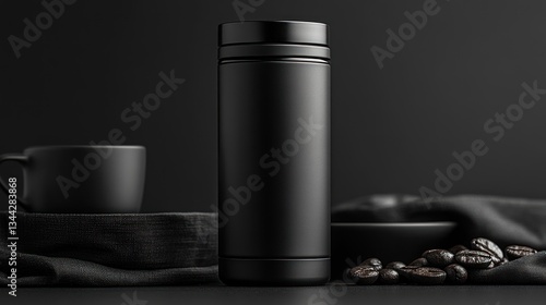 Black insulated thermos bottle on dark background with coffee beans and cup.