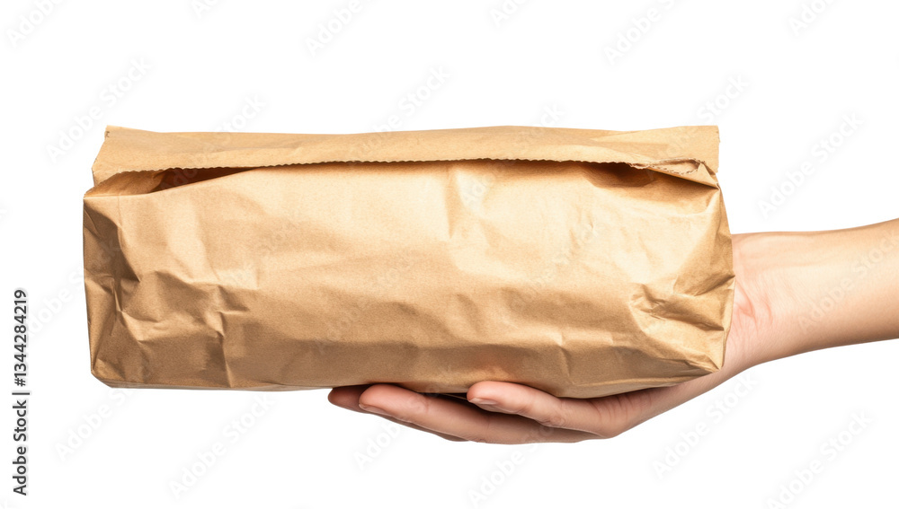 Caucasian womans hand holding a brown paper bag on a transparent background Concept of takeaway food, delivery service, and grocery shopping Caucasian womans hand holding a brown paper bag on a transparent background Concept of takeaway food, delivery service, and grocery shopping