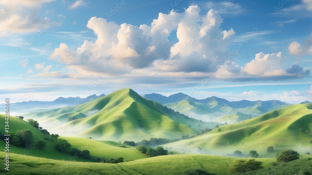 Fototapeta premium A panoramic view of lush, rolling hills blanketed in greenery under a soft, blue sky.