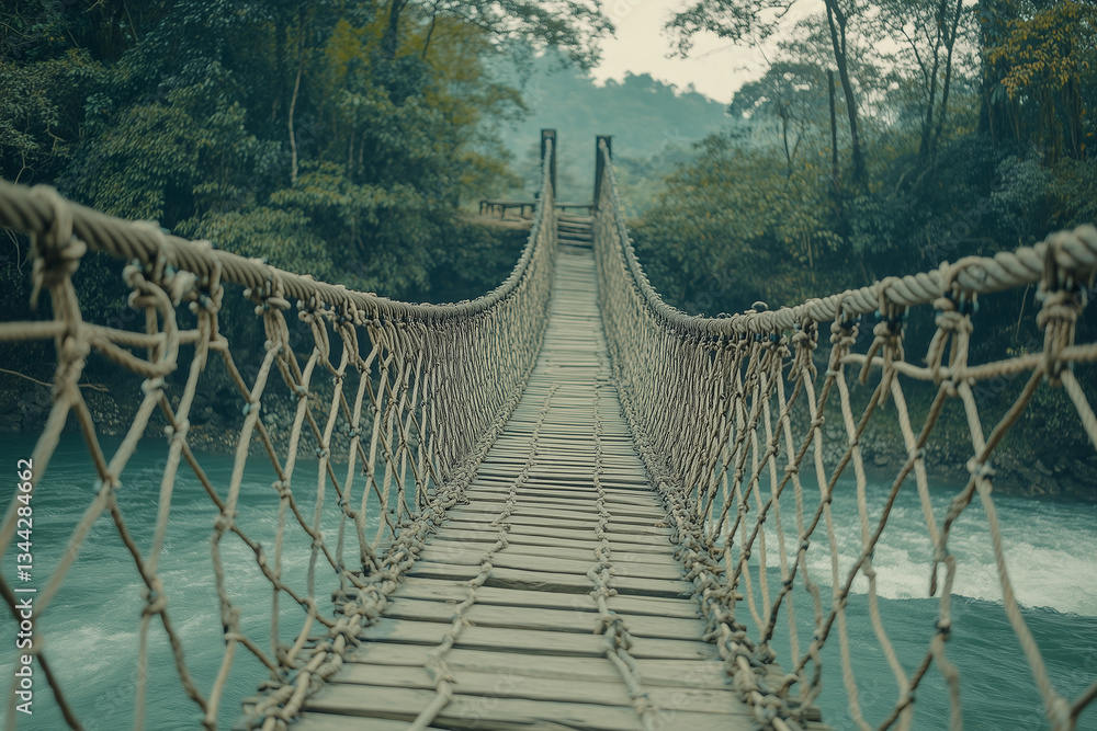 Obraz premium Rope bridge in the forest for adventure activity on recreation time, Selective focus bridge cross the river, Rope climbing.