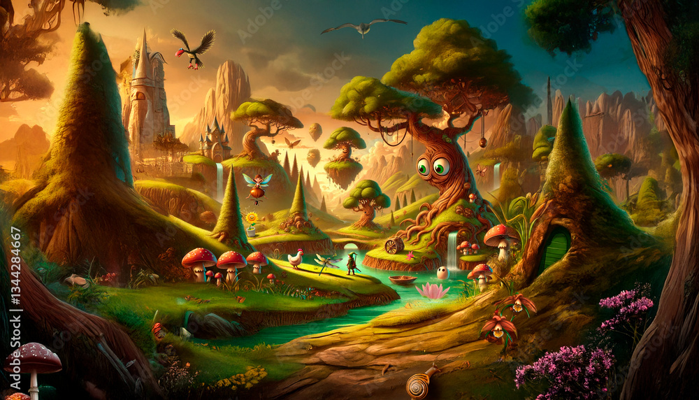 Fototapeta premium fantasy landscape with trees, mountains, river and plants
