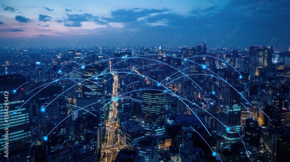 Obraz premium Global Network Connectivity, Futuristic Cityscape at Night