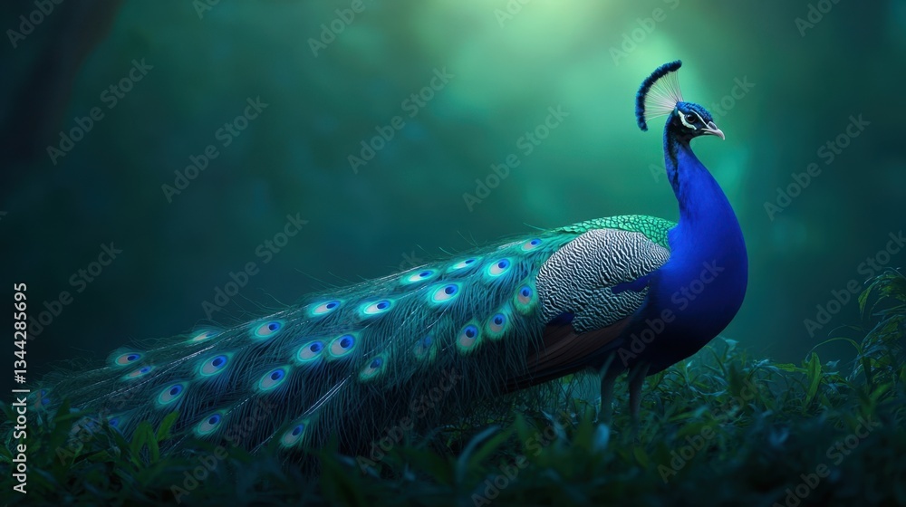 Fototapeta premium Majestic Peacock Displaying Vibrant Feathers in Lush Green Environment with Soft Ethereal Background Light
