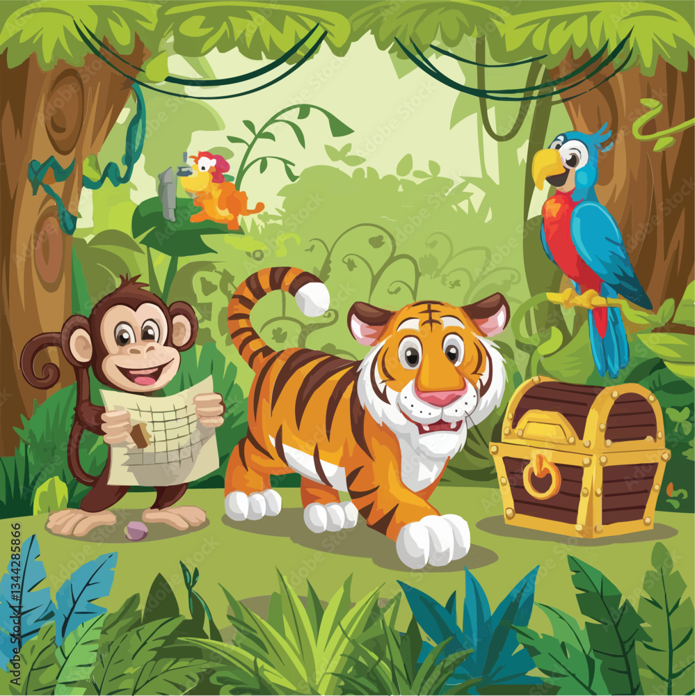Fototapeta premium Adventurous Jungle Scene with Tiger, Monkey, Parrot, and Treasure Chest in a Lush Forest Setting