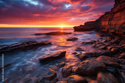 enchanting spectacle as sun casts its ethereal glow upon colorful expanse of a beach, illuminating shimmering undulations, golden shores, and tranquil ambiance of a coastal utopia