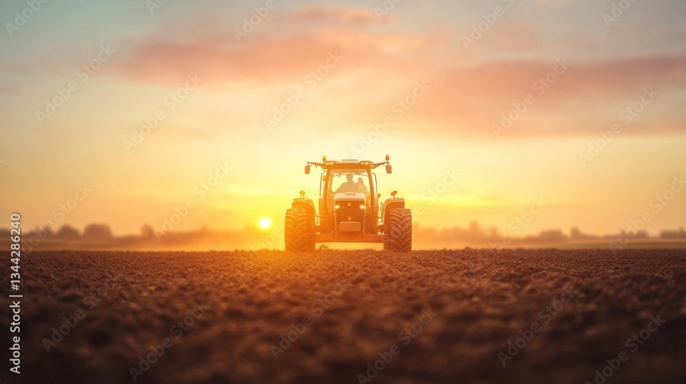 Fototapeta premium Beautiful Sunset Over Agricultural Field with a Tractor Silhouette Against a Colorful Sky and Soft, Warm Lighting in the Horizon of Farming Landscape