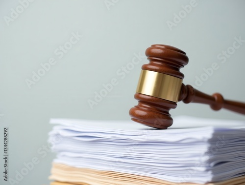 Hammer of Justice: A gavel rests atop a stack of legal documents, symbolizing the court system, law, justice, and judicial proceedings, in this photorealistic image.