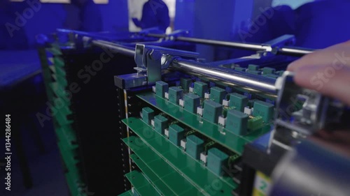 Close up of a trolley being pushed by a worker with green circuit boards in a laboratory under blue lighting, with workers in the background