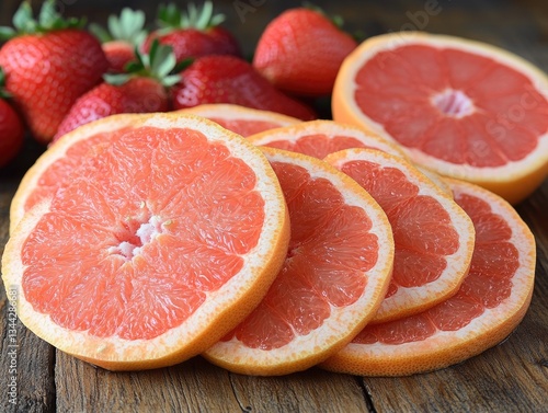 Juicy grapefruit slices and fresh strawberries on wood. Perfect for healthy eating, recipes, or summer themes.