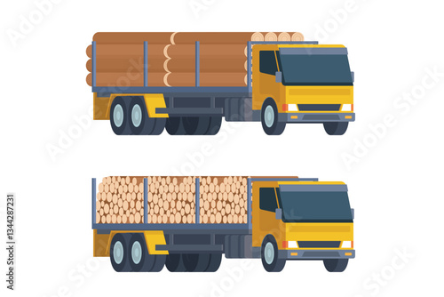 Logging truck vector flat illustration for transportation of wood and timber products. Forestry industry. Fully editable and easy to customize