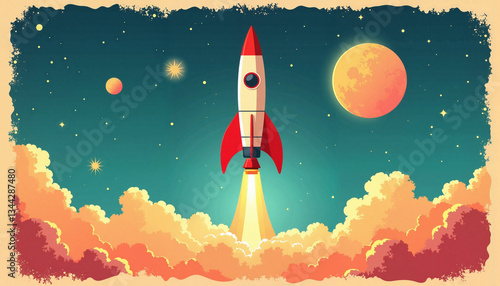 Classic 1950s rocket launching into retro space scene, nostalgic adventure