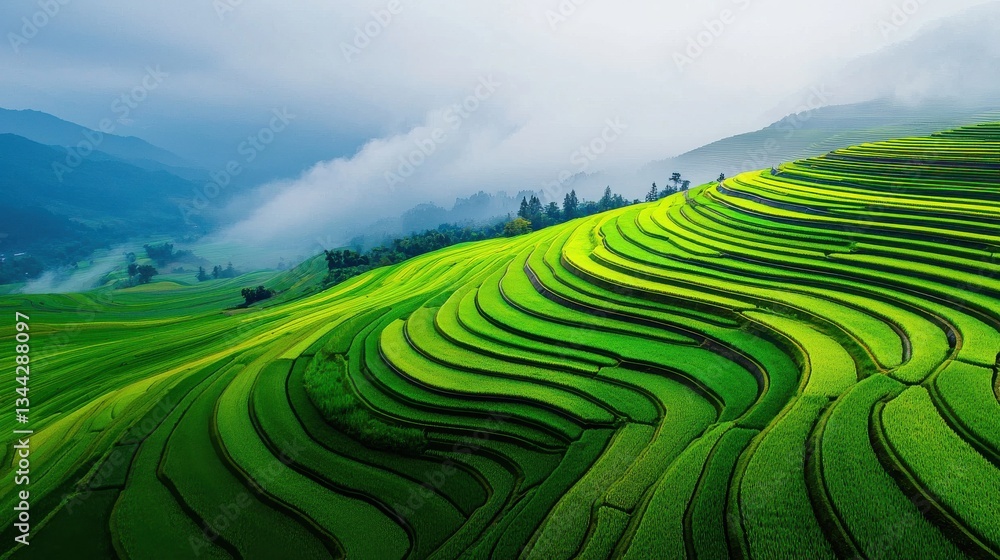 Fototapeta premium Lush terraced rice fields under a foggy sky, showcasing stunning green patterns.