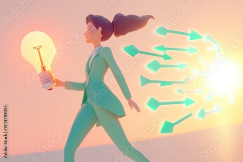 Wallpaper Mural A businesswoman strides forward, holding a glowing lightbulb, symbolizing innovation and multiple paths to success. Torontodigital.ca