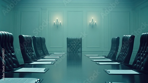 Empty boardroom, meeting table, chairs, documents, corporate