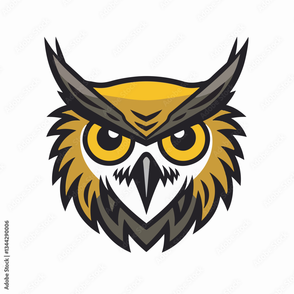 Graphic vector illustration of a yellow and black owl with a piercing gaze, symbolizing wisdom, strength, and nocturnal vision. Graphic vector illustration of a yellow and black owl with a piercing gaze, symbolizing wisdom, strength, and nocturnal vision.