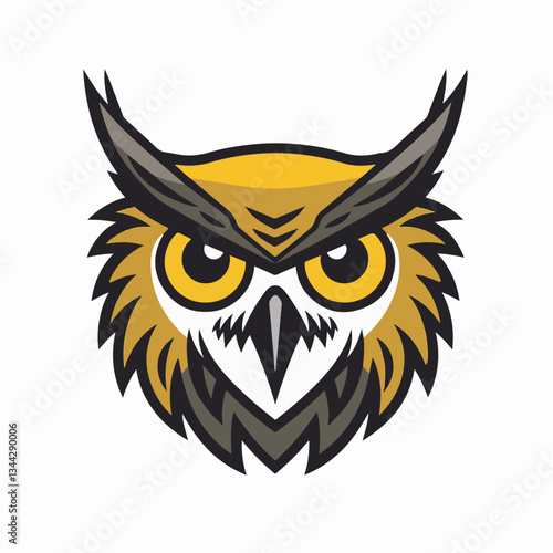 Graphic vector illustration of a yellow and black owl with a piercing gaze, symbolizing wisdom, strength, and nocturnal vision.