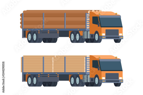 Semi-trailer logging truck vector flat illustration for transportation of wood and timber products. Forestry industry. Fully editable and easy to customize