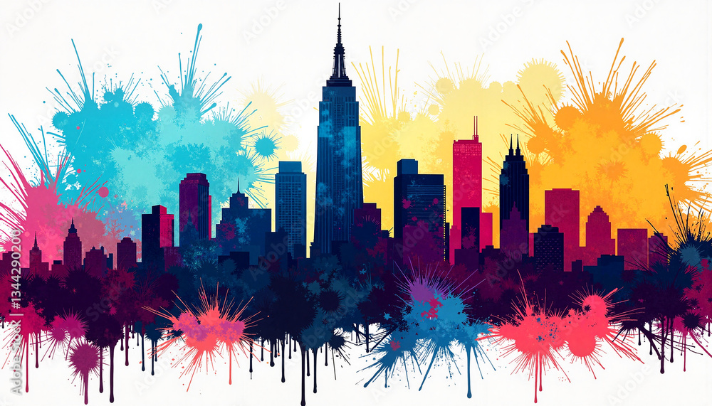 Fototapeta premium Vibrant city skyline in graffiti style, urban expressionism