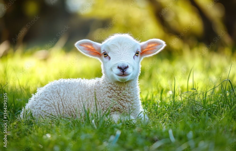 Obraz premium Spring lamb resting in meadow, sunlit background