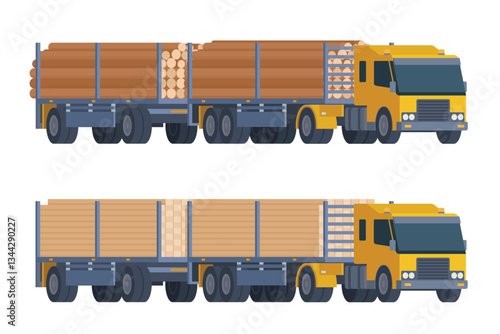 Semi-trailer logging truck vector flat illustration for transportation of wood and timber products. Forestry industry. Fully editable and easy to customize