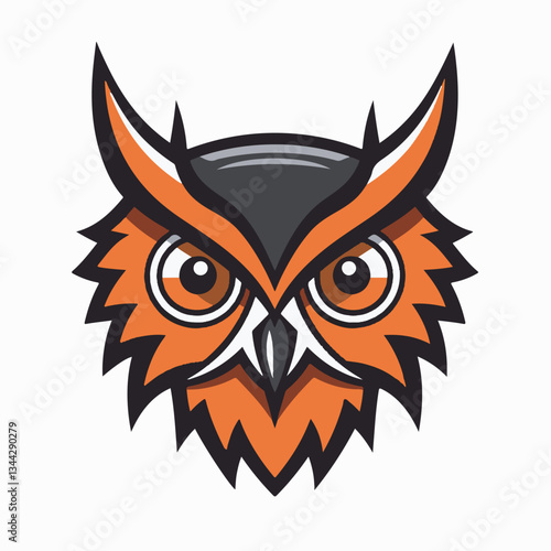 Stylized vector illustration of an orange and black owl with sharp eyes, symbolizing wisdom, mystery, and nocturnal wildlife.
