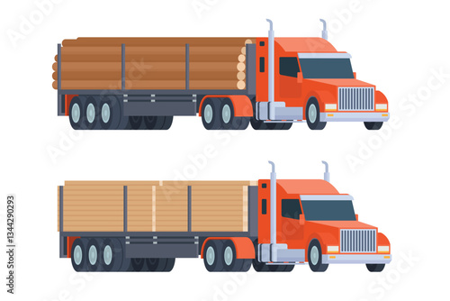 Semi-trailer logging truck vector flat illustration for transportation of wood and timber products. Forestry industry. Fully editable and easy to customize