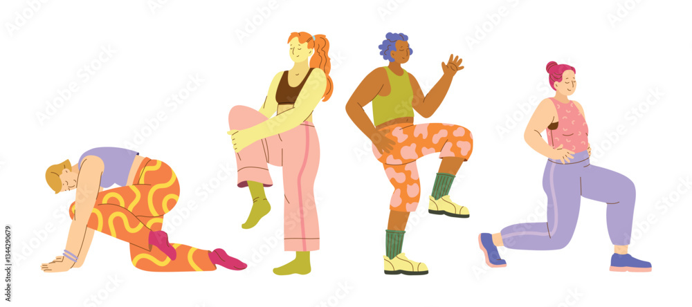 Fototapeta premium Colorful Inclusive Fitness hand drawn illustration. Diverse body positive women exercising in modern flat vector style. Stretching, pilates, knee exercises