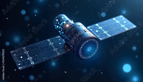 Futuristic satellite with holographic interface in deep blue space, innovation