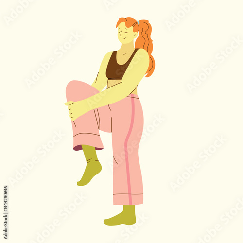 Colorful inclusive fitness hand drawn illustration. Diverse body positive woman exercising in modern flat vector style. Stretching, pilates, knee exercises
