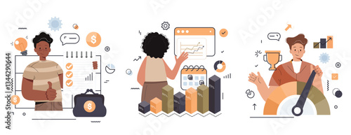 Budget bookkeeping illustration set. People doing paperwork. Characters accounting debit and credit, calculating bills and income taxes. Financial management concept. Vector illustration.
