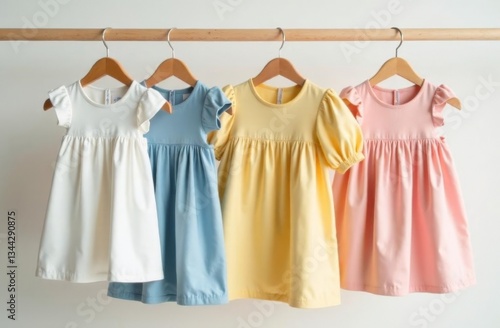 Children clothes on a hanger on a colored background. Children's clothing, children's shopping.