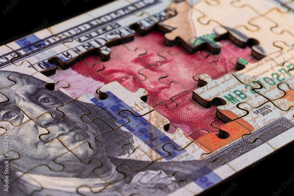 Naklejka premium Puzzle pieces of $100 and 100 Chinese yuan bills