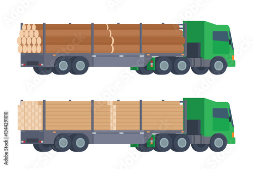 Semi-trailer logging truck vector flat illustration for transportation of wood and timber products. Forestry industry. Fully editable and easy to customize