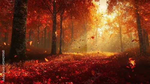 A dense autumn forest where trees display warm shades of red, orange, and gold.