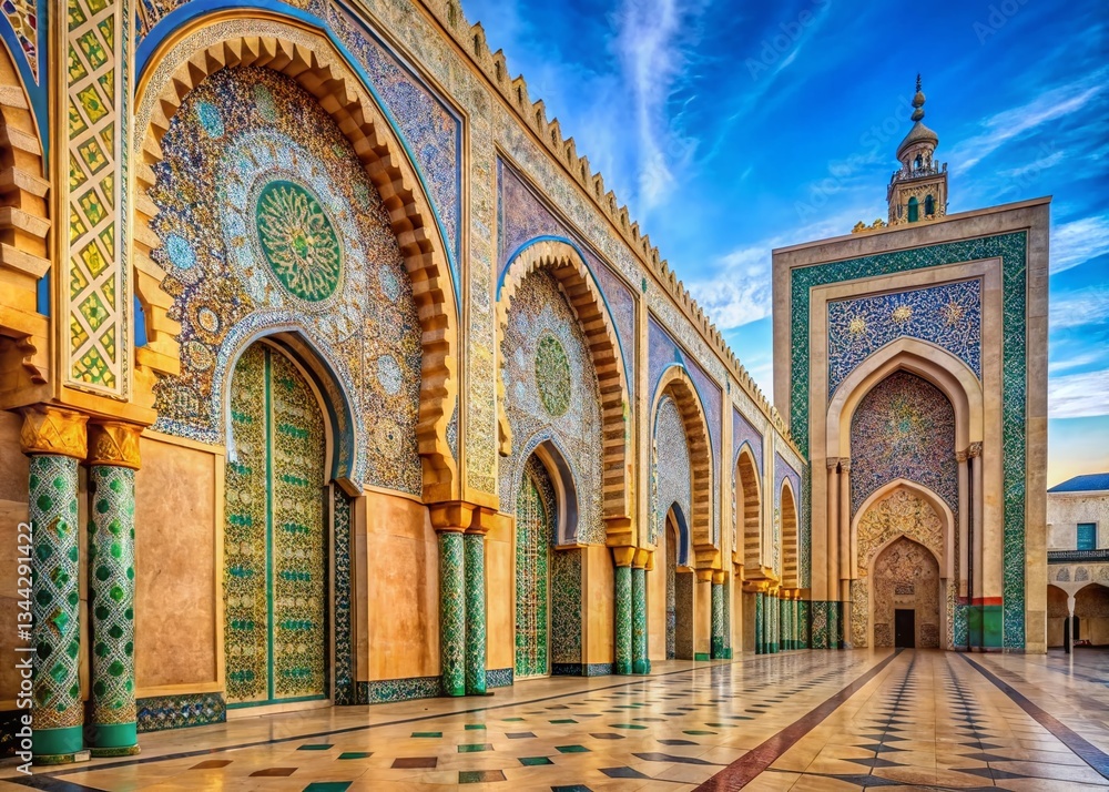 Fototapeta premium Panoramic View of Intricate Moroccan Mosaic Tiles, Hassan II Mosque, Casablanca