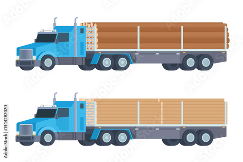 Semi-trailer logging truck vector flat illustration for transportation of wood and timber products. Forestry industry. Fully editable and easy to customize