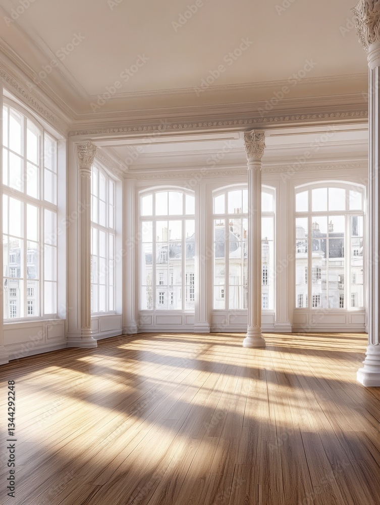 AI-generated illustration of a spacious empty room with wooden floor and white walls with columns supporting the windows overlooking the city AI-generated illustration of a spacious empty room with wooden floor and white walls with columns supporting the windows overlooking the city