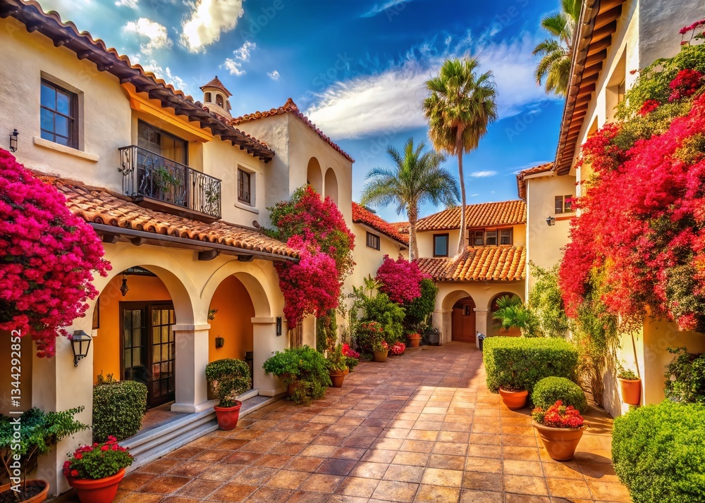 Naklejka premium Panoramic View of Spanish Style Architecture, Sunny Day, Mediterranean Villa, Classic Design