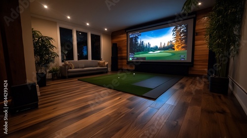 Upscale indoor golf simulator setup with projector screen and putting green