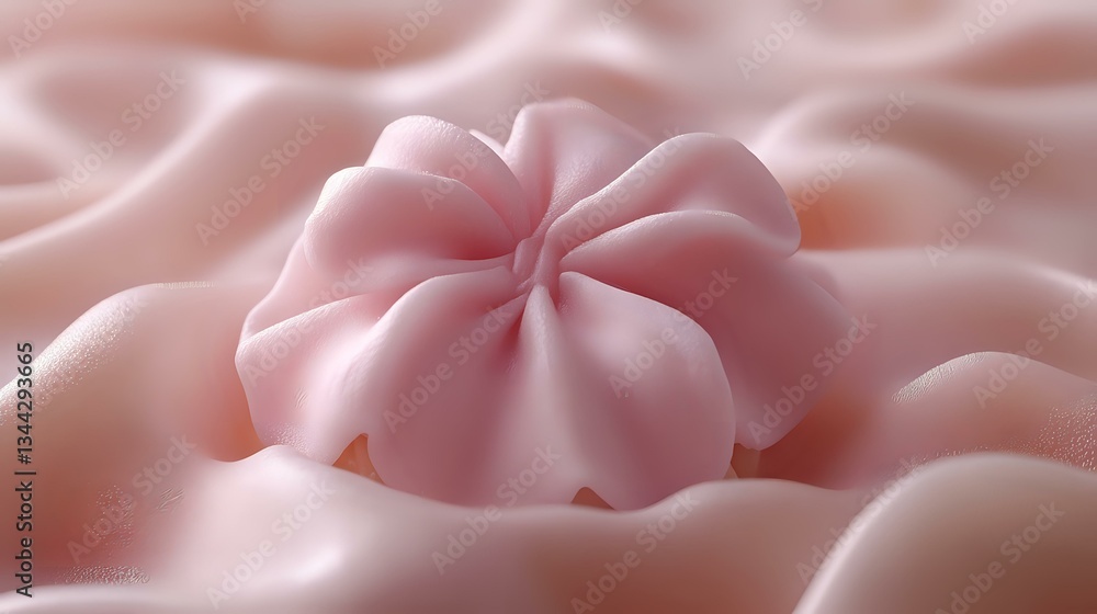 Delicate pink meringue cookies with swirled pattern on soft pink background, close-up view showing light and shadow details of sweet dessert confection. Delicate pink meringue cookies with swirled pattern on soft pink background, close-up view showing light and shadow details of sweet dessert confection.