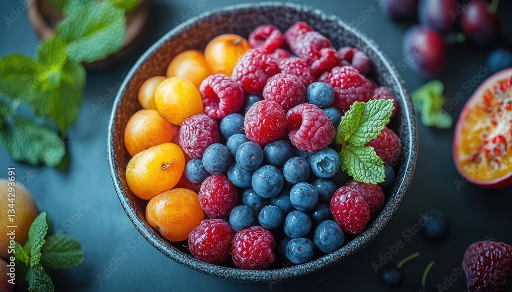 Bowl of fresh raspberries, blueberries, and yellow plums. Perfect for healthy eating, recipes, and summer themes. Bowl of fresh raspberries, blueberries, and yellow plums. Perfect for healthy eating, recipes, and summer themes.