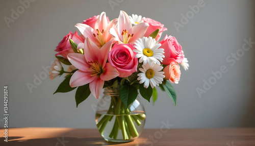 Wallpaper Mural A stunning floral bouquet of pink roses, lilies, and white daisies in a glass vase. Soft natural lighting enhances the beauty, creating a warm, romantic, and elegant atmosphere. Torontodigital.ca