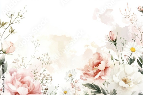 Minimalist seamless background with daisies, lilacs, peonies, roses in smooth pastel tone	