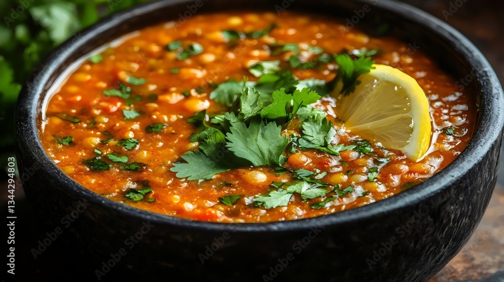A bowl of soup with a lemon slice on top A bowl of soup with a lemon slice on top