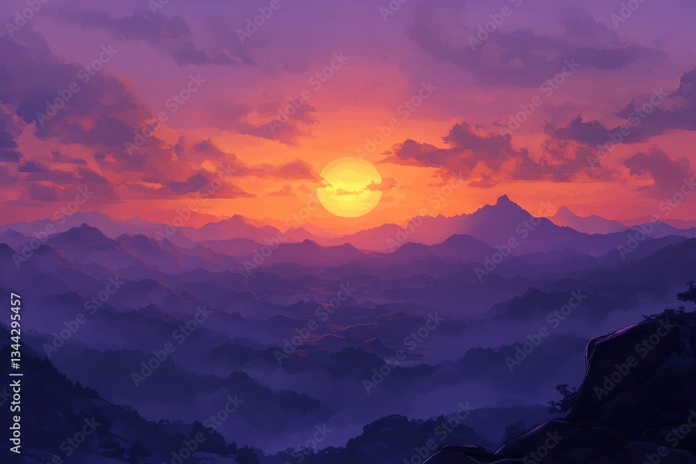 Obraz premium Serene Sunset Over Mountain Landscape with Vibrant Sky Colors