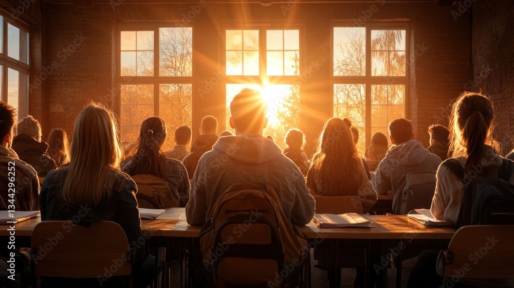 Students are seated in a classroom, focused on a lesson. As the sun sets, warm light streams through the large windows, illuminating the room and creating a serene atmosphere