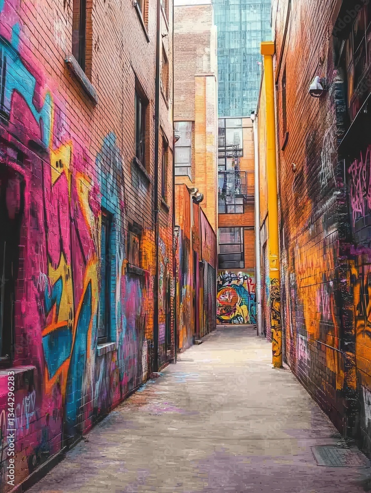 Fototapeta premium Colorful wall graffiti art in alley depicting vibrant shapes and designs, capturing attention and energy. Graffiti Alley. Illustration