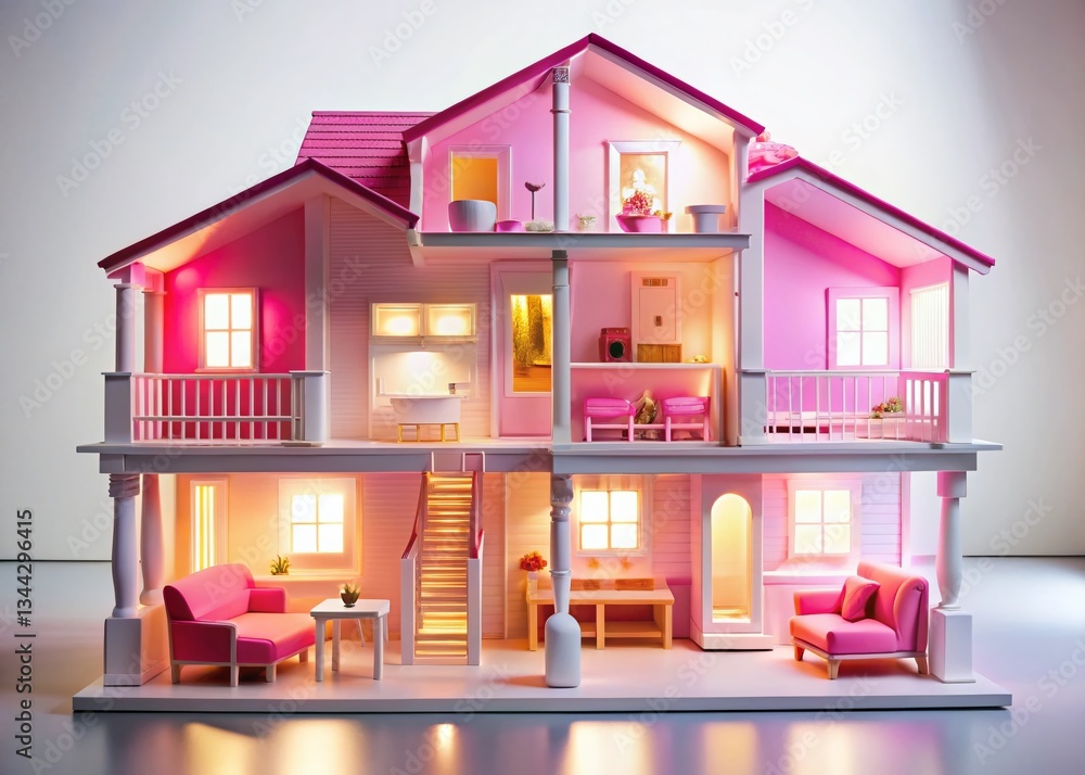 Fototapeta premium Pink Dollhouse with Furniture, Kitchen, Bedroom, Bathroom & Pool - Isolated on White Background