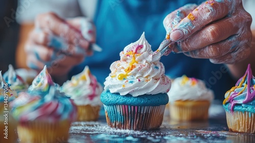 Colorful cupcakes being decorated by hands in a home kitchen