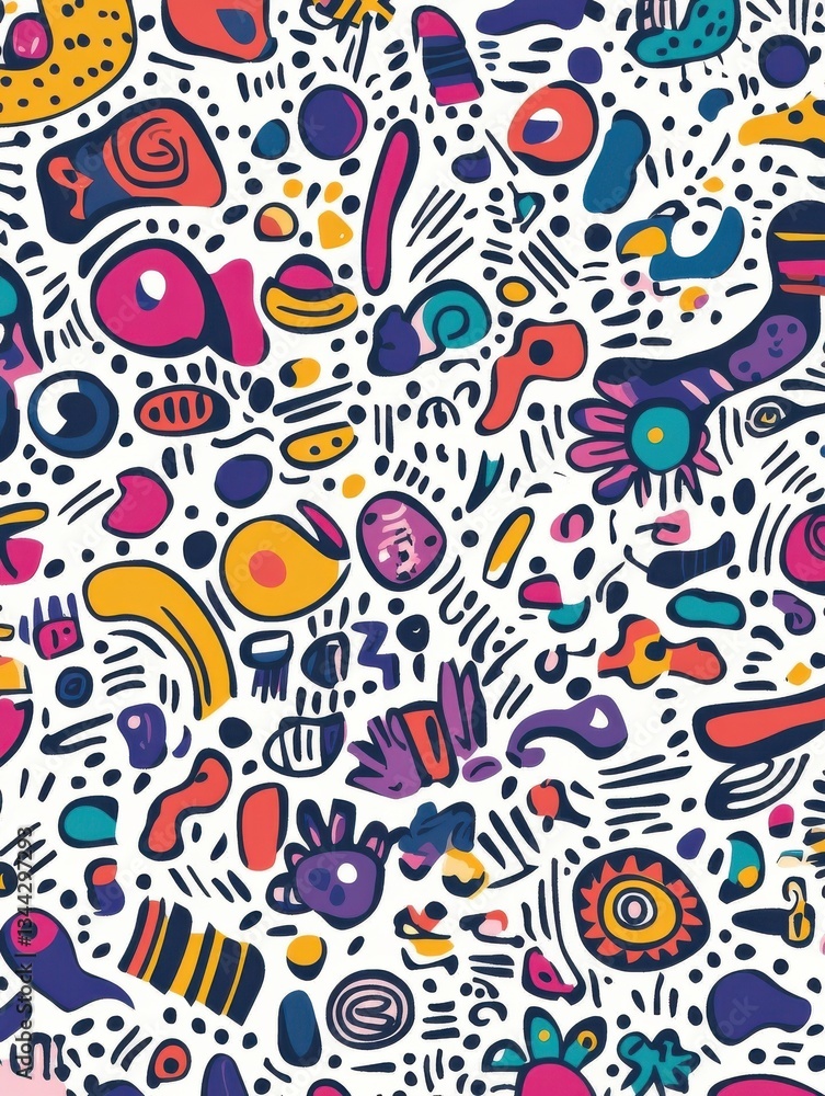 Naklejka premium Whimsical doodle pattern background with hand-drawn elements in various colors, perfect for creative projects